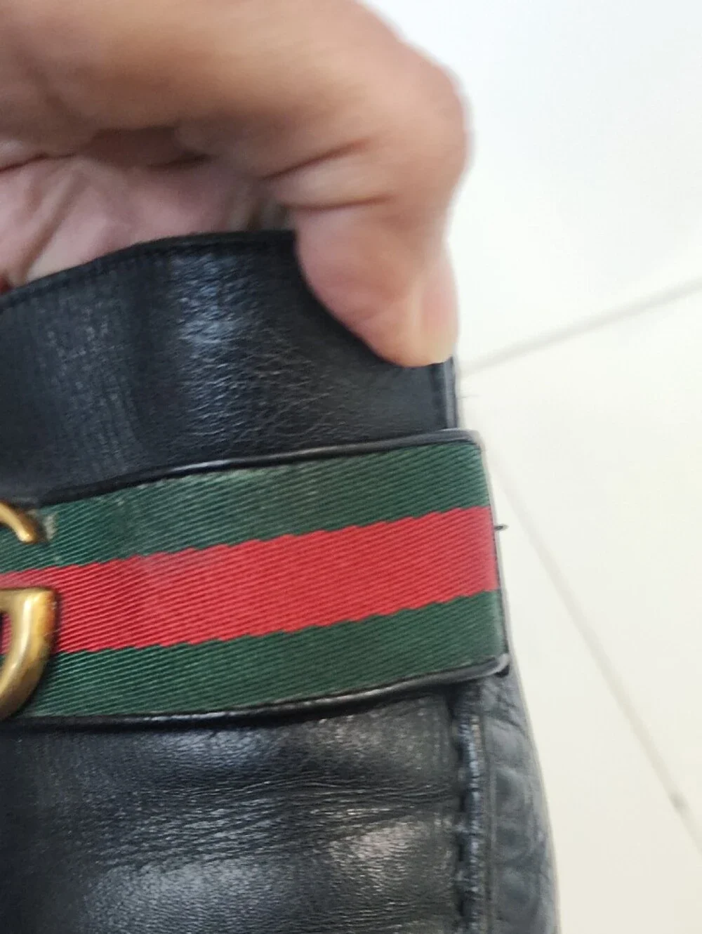 Gucci Black Leather Loafers with Green and Red Web & Gold Double G